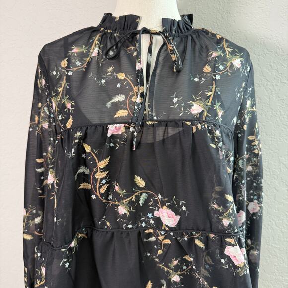 Women's All Saints Black Pullover Floral‎ Botanical Dress with Slip Size 0 NEW - Picture 3 of 11